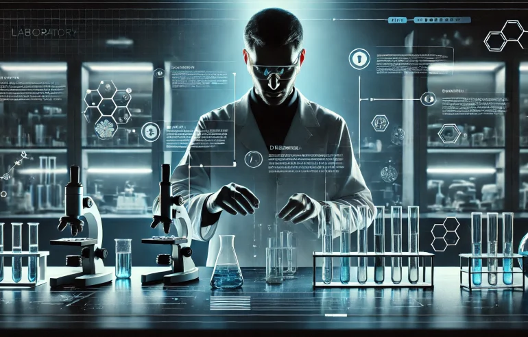 Scientist working with lab glassware and microscopes