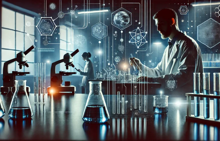 Futuristic lab with scientists, microscopes, and data visuals